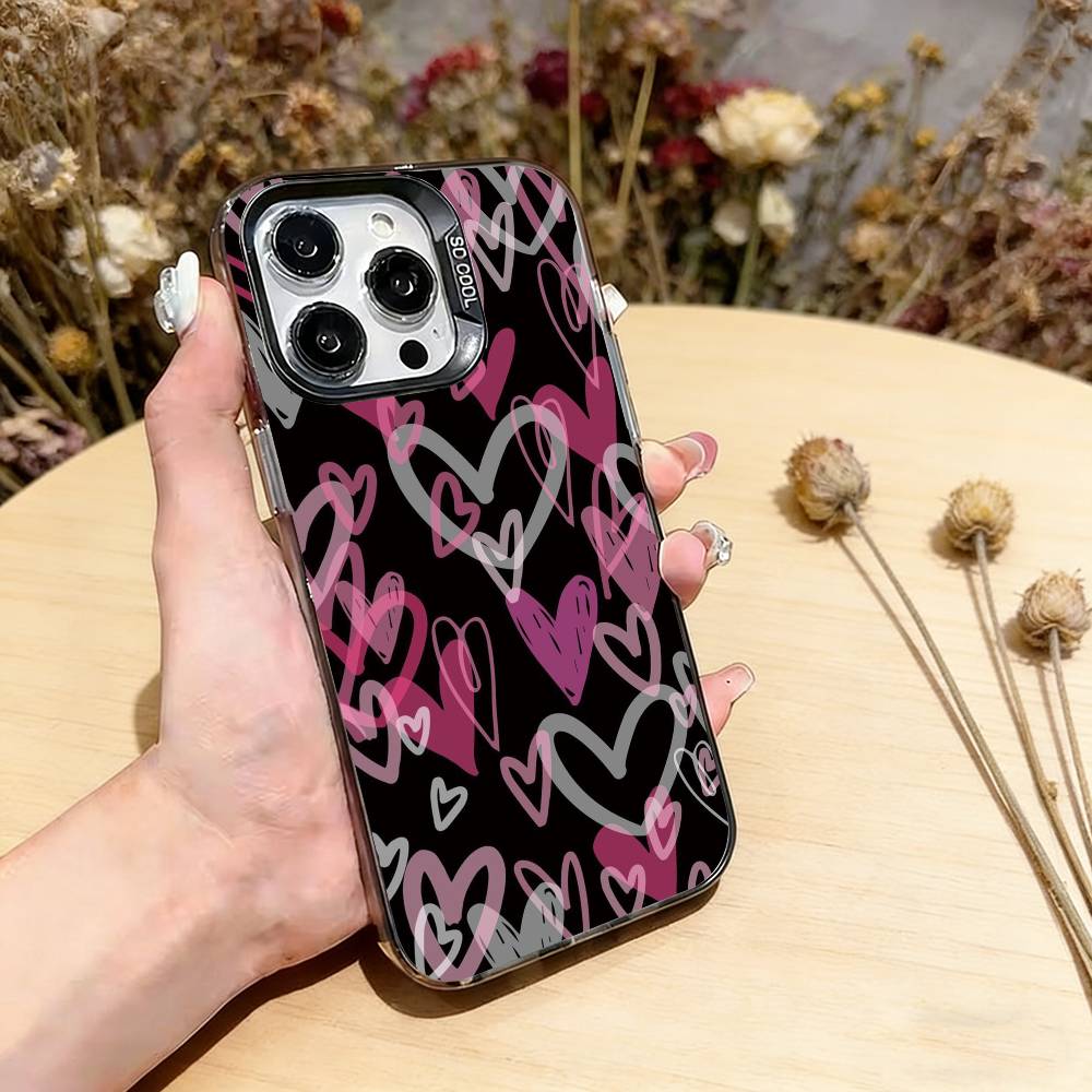 Cute Pink Love Heart Phone Case For iPhone 17,16,15,14,13,12,11 Plus,Pro Max,XS,Colorful Silver Black Cover