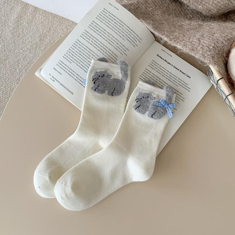 

Женские осенние милые мультяшные носки из хлопка с рисунком котенка и щенка, дышащие, в стиле колледжа 1 pair белый