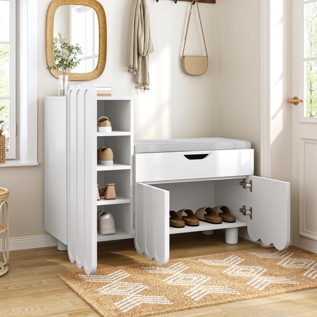 Modern 3-door shoe cabinet with drawer & seat cushion – White – Shoe cabinets and shoe benches