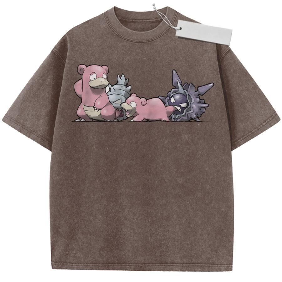 Unisex Washed Pink Vintage Tshirt Pokemon Slowbro Slowpoke Shellder Highquality Fabric for Home Leisure Travel Shopping