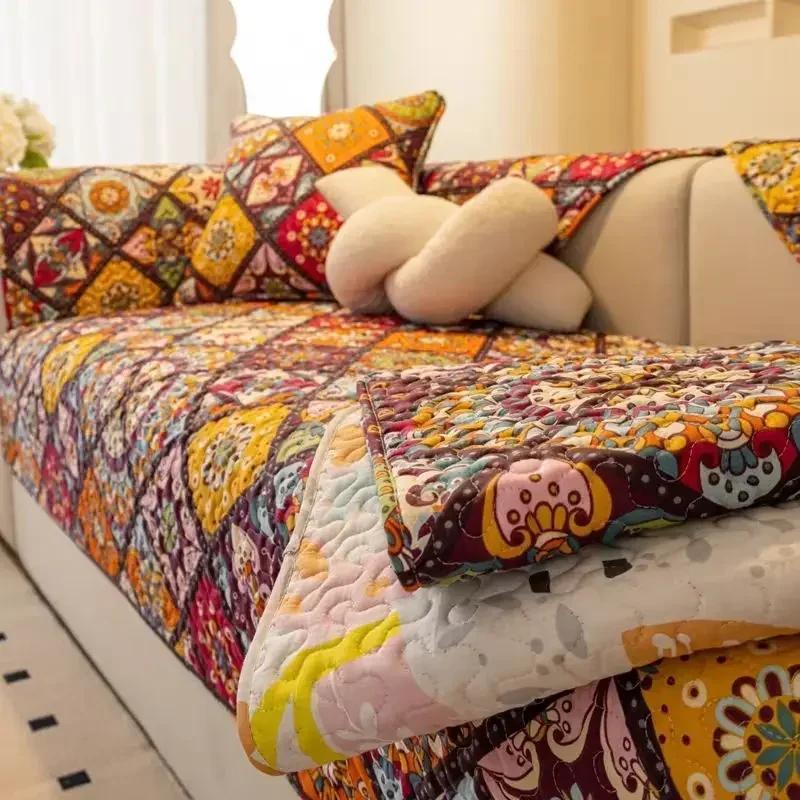 Bohemian Style Floral Pattern Sofa Mat Geometric Pattern Anti Slip Cotton Sofa Towel Living Room Settee Dust Cover Pillowcase