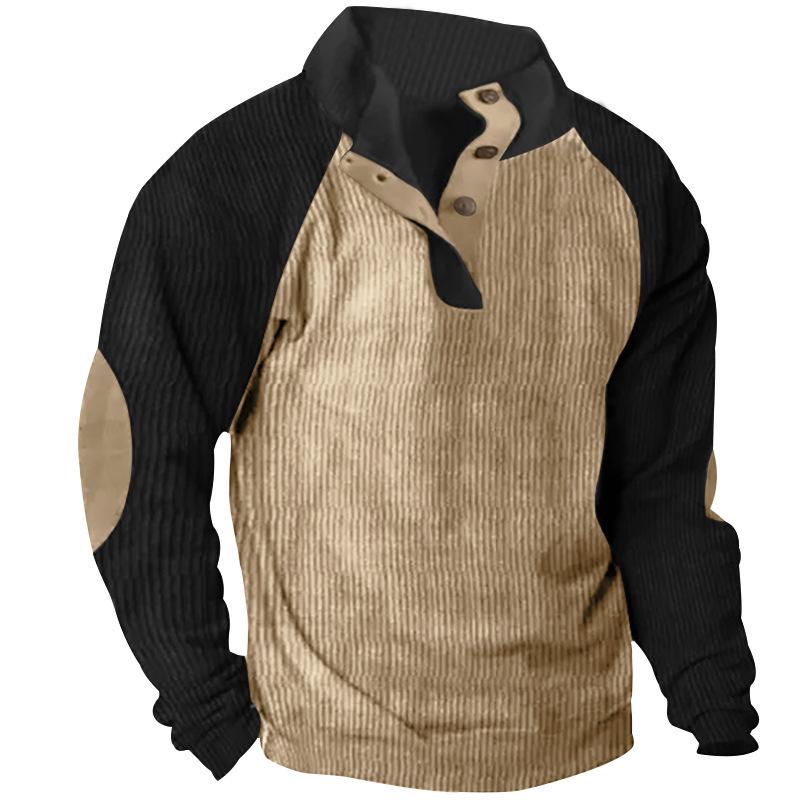 Men's Corduroy Color Block Stand Collar Hoodie - Casual Long Sleeve Top for Spring and Autumn
