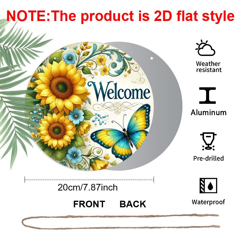 

2D Flat 1pc, 8x8 in Vintage Sunflower & Butterfly Round Aluminum Metal Sign – Rustic Welcome Design for Home, Garden, Cafe, and Farmhouse Decor 1pc