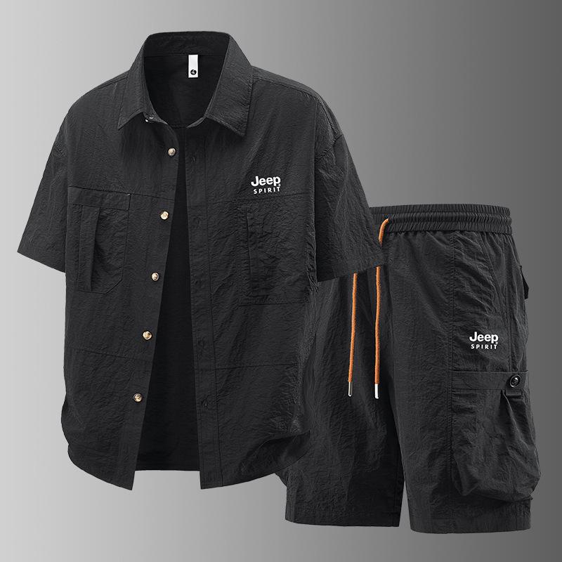 Summer Ice Silk Short Sleeve Set Men's Short Sleeve Shirt Five Leg Pants Workwear Set