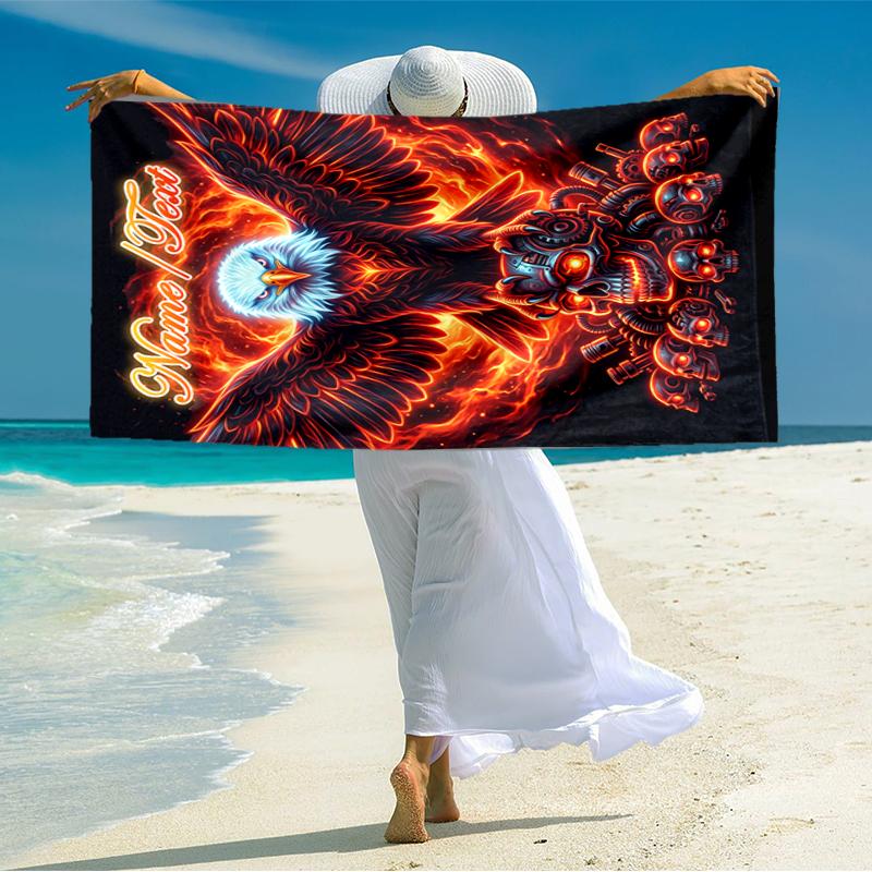 1PC Custom Name Eagle Power Symbol Beach Towel Highly Absorbent And Sand-Resistant Towel for Swimming, Pool, Yoga, And Travel Lightweight