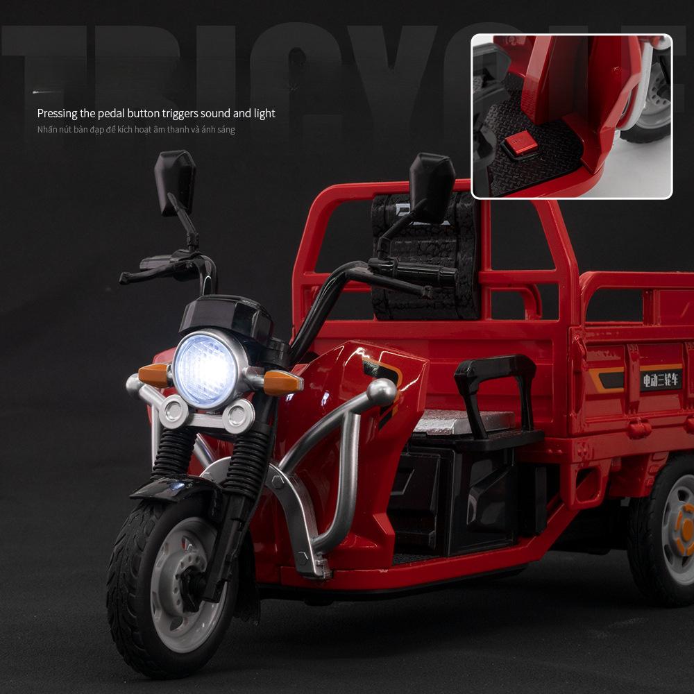 1:12 Electric Tricycle Alloy Model Car Toys Diecast Motorcycle Front Wheel Steering Sound Light Pull Back Vehice Boy Collect Toy