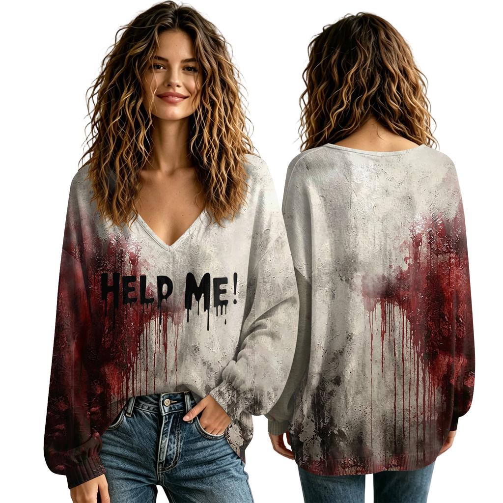 Women's V-Neck Halloween Fall Top for Seasonal Celebrations Comfortable Everyday Shirt