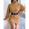 Autumn Winter Womens Casual Turtleneck Lantern Sleeve Knit Dress No Belt