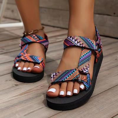 Trendy Oversize Flat-bottomed Thick-soled Women's Sandals 2025 New Style, Color-block Velcro European and American Ethnic Style Beach Shoes