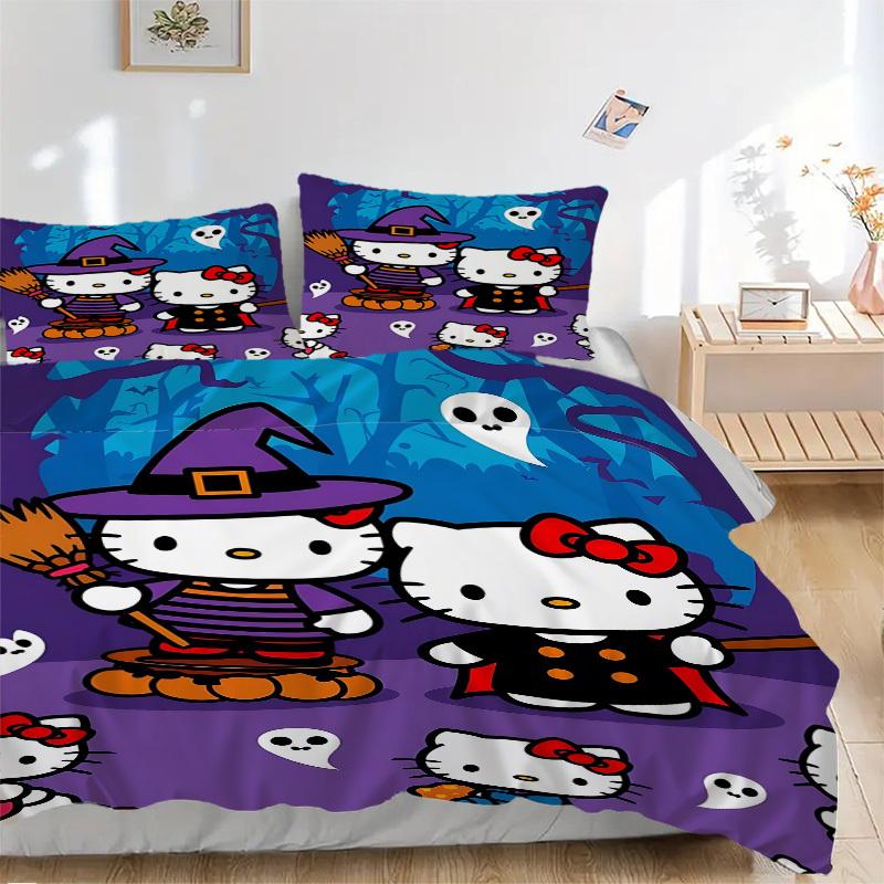 

3pcs Halloween Hello Kitty Cover Set, 1 Cover + 2 Pillowcases (No Insert), Bedding for All Seasons, Bedding,Bedroom Decor yy250922035 135x200cm