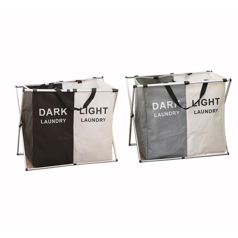 Foldable Aluminum Frame Double Compartment Laundry Basket with Handles 