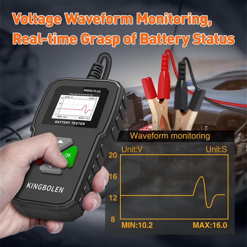 KINGBOLEN BM550 PLUS Tester autobaterií 6V 12V 24V LED displej 100-2000 CCA 2-200Ah Tester alternátoru automobilu Digitální baterie