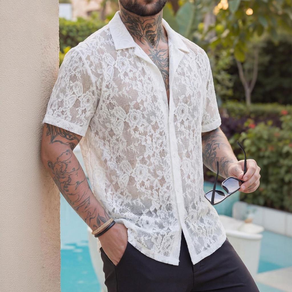 Men Knit Crochet Short Sleeve Button Down Casual Shirt with Lapel Collar Lightweight Breathable Summer Top