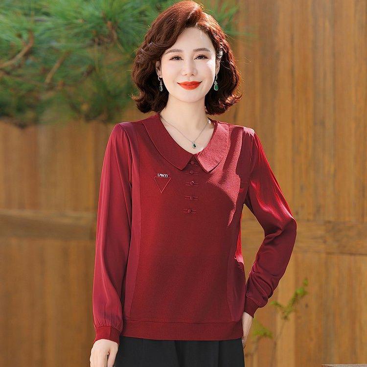 2025 Spring & Autumn Elegant Long Sleeve Lapel T-Shirt for Middle-Aged and Elderly Women - Tummy Covering Base Layer