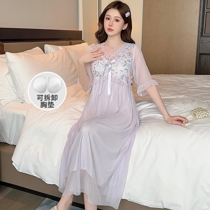 Linglei Summer Solid Color Lace Bow Mesh Court Princess Style Long Nightdress Pajamas Loungewear Women