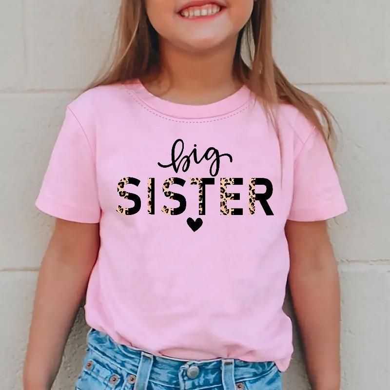 Camiseta Casual de Verão para Meninas com Estampa de Letras 'Big Sister', Moda Infantil com Manga Curta