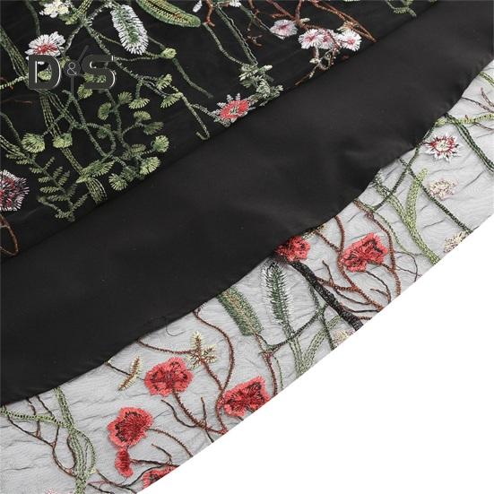 Women Evening Dress Double-layer Flower Embroidery Mesh A-line Big Swing Short Sleeves O Neck Back Zipper Closure Prom Party Midi Dress