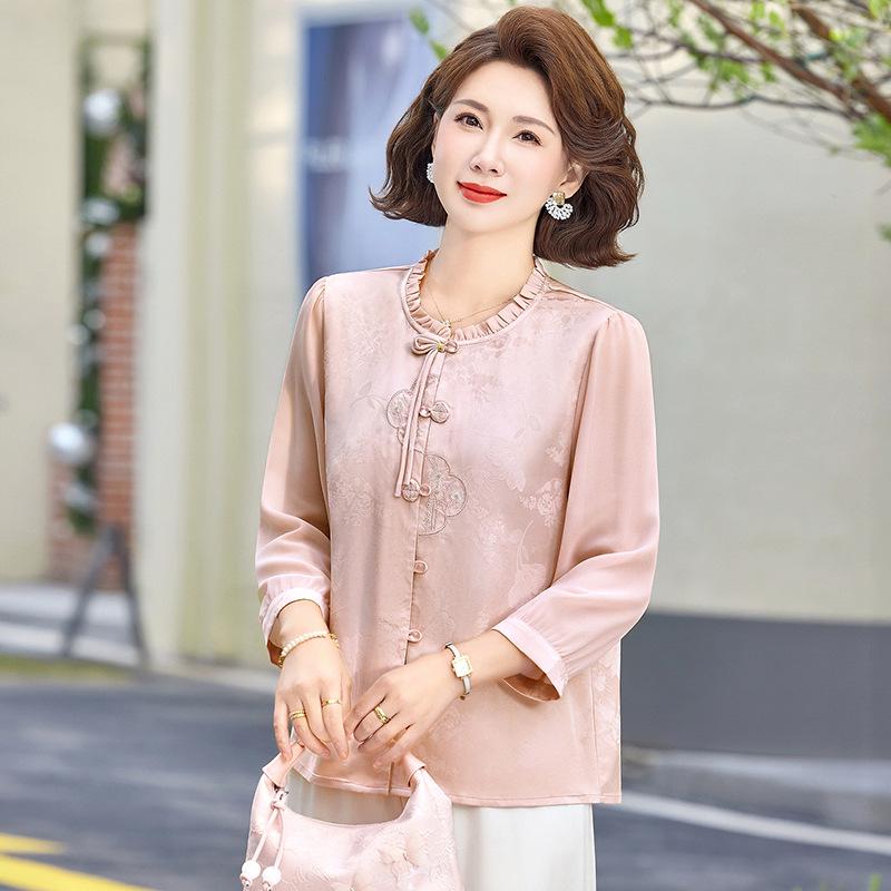 Mom s Elegant Chinese-Style Satin Embroidered Lace Shirt with Three-Quarter Sleeves XXL розовый