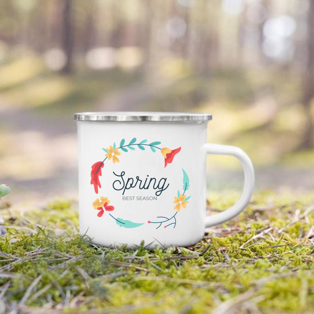 Hello Spring Enamel Camping Mug Appreciation Best Original and Fun Gifts Drink Juice Water Dessert Cocoa Milk Handle Cup