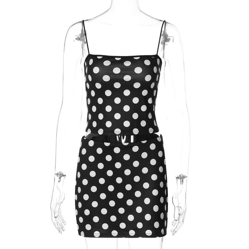 

Gusty French Street Sexy Retro Dots Fashion Suit Adult Lady like Woman Waist Trimming Spaghetti Straps Tops + Short Hip Skirt Black S