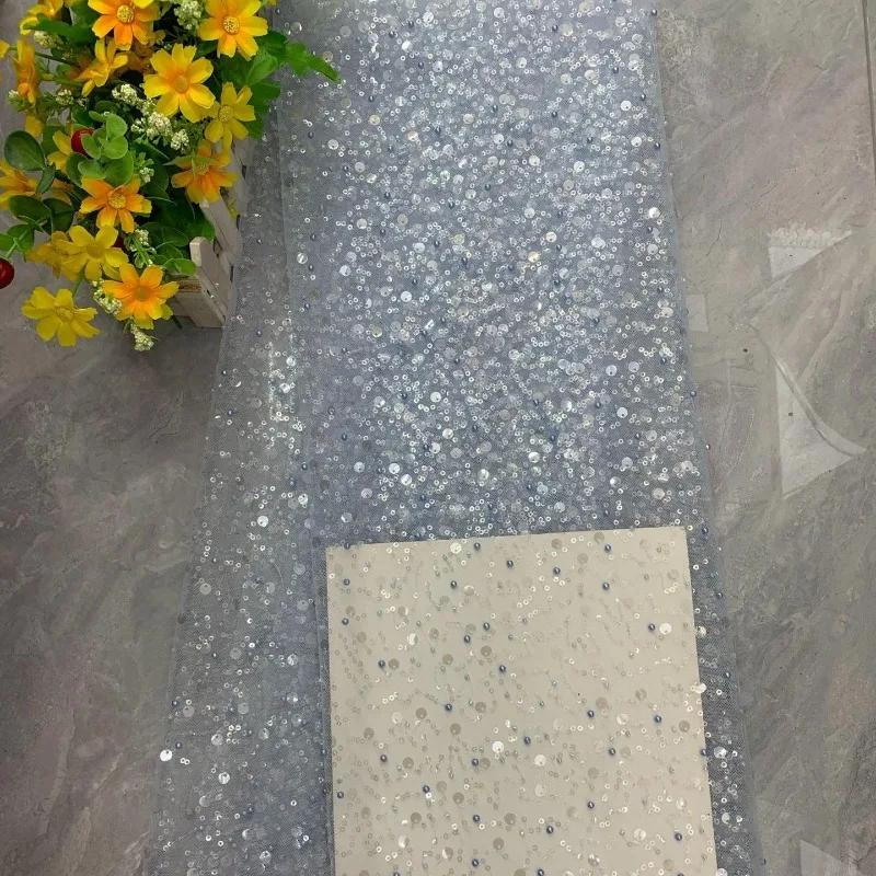 Luxury 3D Sequined Beaded Mesh Embroidered Lace Fabric Handmade Wedding Dress DIY Accessories Width 130cm 1Meter