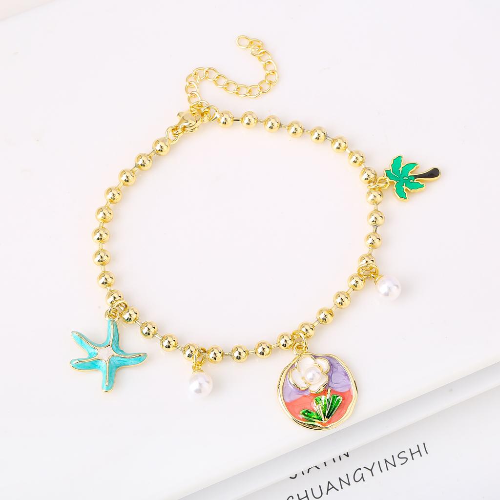 Gold-Plated Starfish Coconut Tree Flower Copper Bead Chain Bracelet Fashion for Women Girls Party Vacation Beach Jewelry Gift