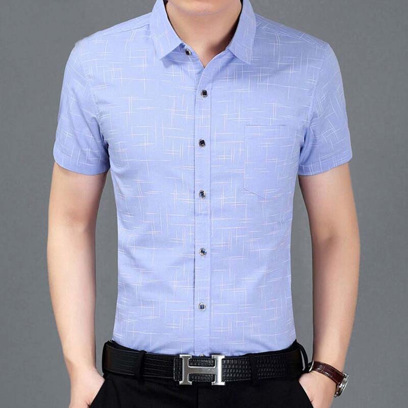 

Летние мужские рубашки с коротким рукавом в клетку, уличная мода, деловая офисная одежда, свободный отложной воротник, быстросохнущие, мужские повседневные топы L синий