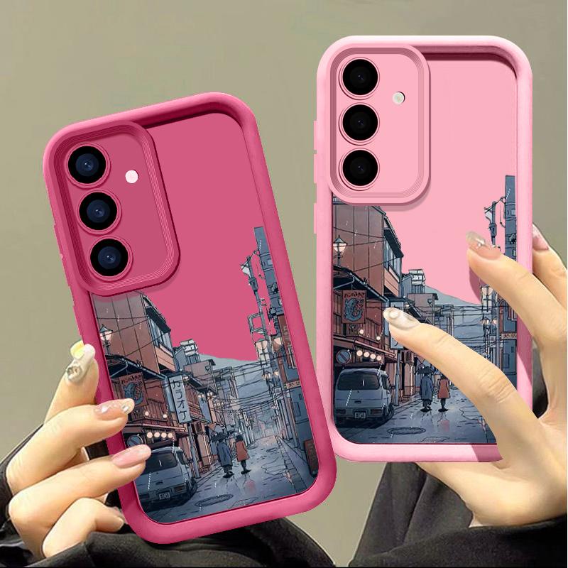 Silikon Mykt Deksel med Tegneserie By-mønster for Samsung S25 S24 S22 Ultra Plus S23 S21 S20 Fe A55 A54 A53 A35 A15 A16 Ensfarvet Linsebeskyttelsesdeksel