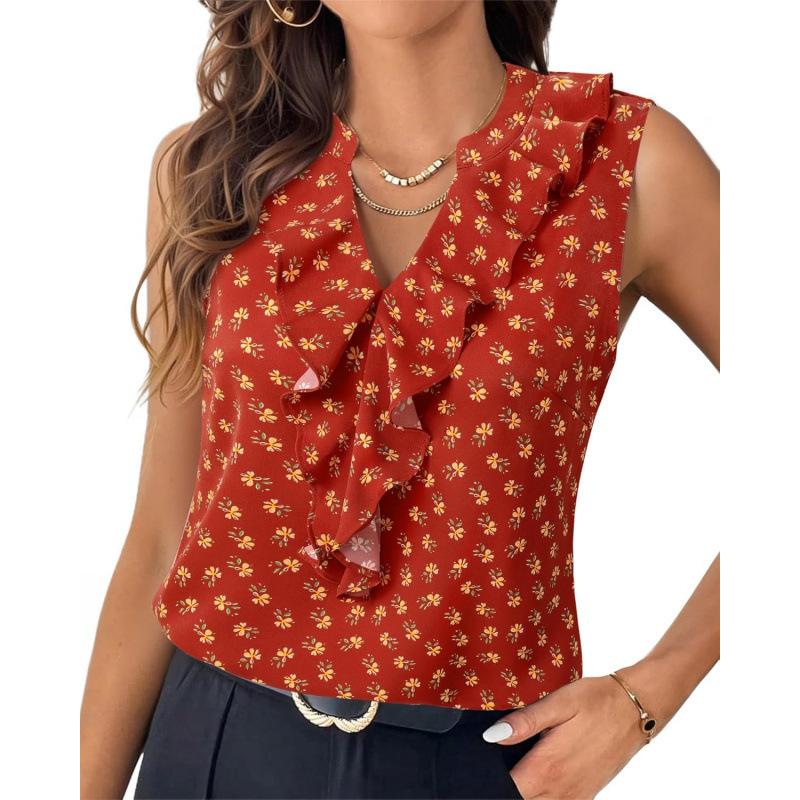 Women Red Floral Print Sleeveless Blouse With Ruffled V Neck Casual Office Top S красный