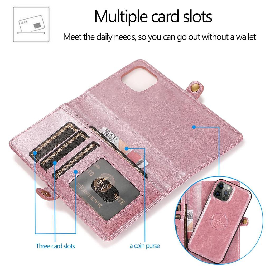 Étui en cuir portefeuille magnétique à rabat multi-cartes détachable pour iPhone 15 14 13 12 Pro Max Xs Max XR 8 7Plu Samsung S23 S22 S21 Ultra Plus A14 A13 A52 A53