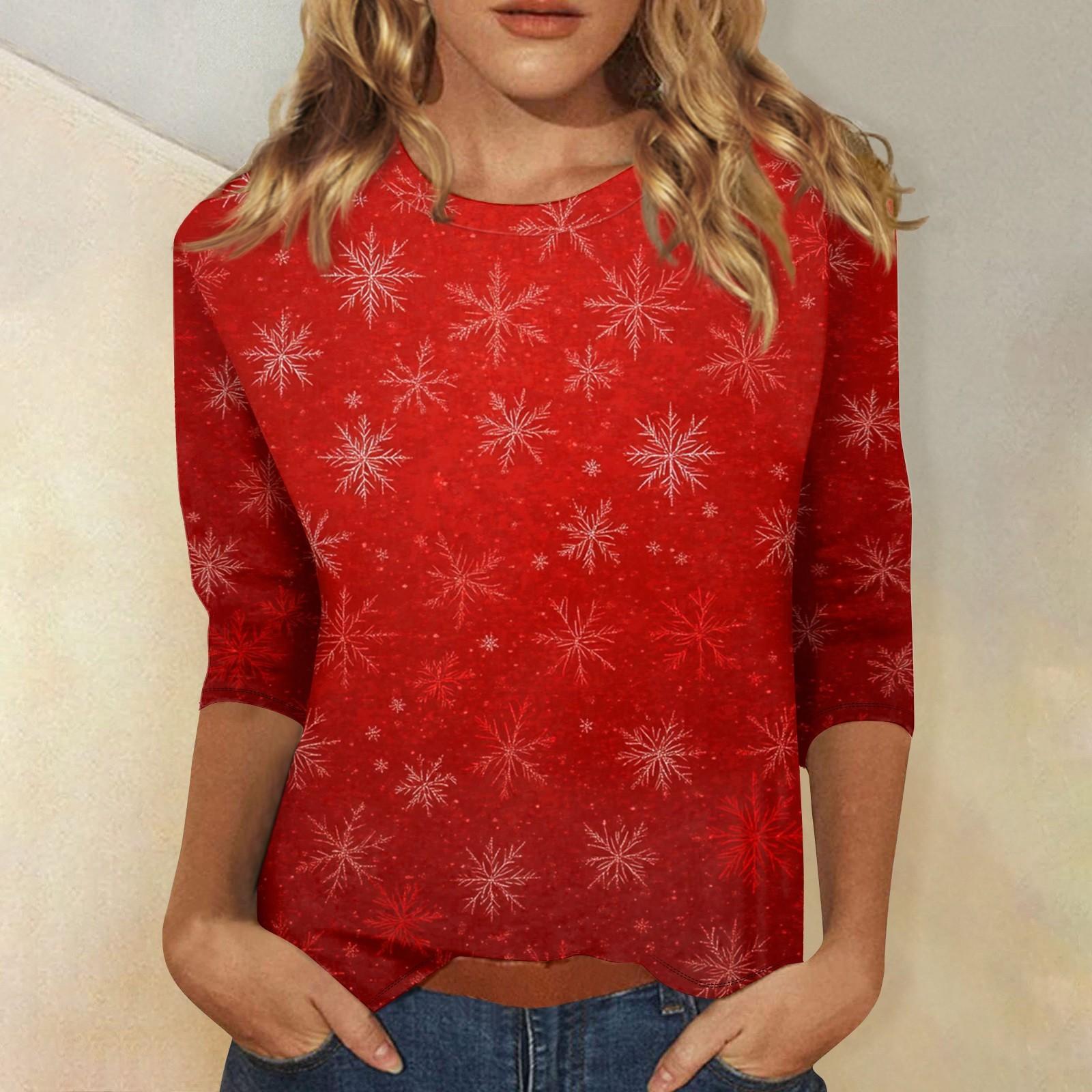 

Женский топ с круглым вырезом и рукавом 3/4 с рождественским принтом XL винный