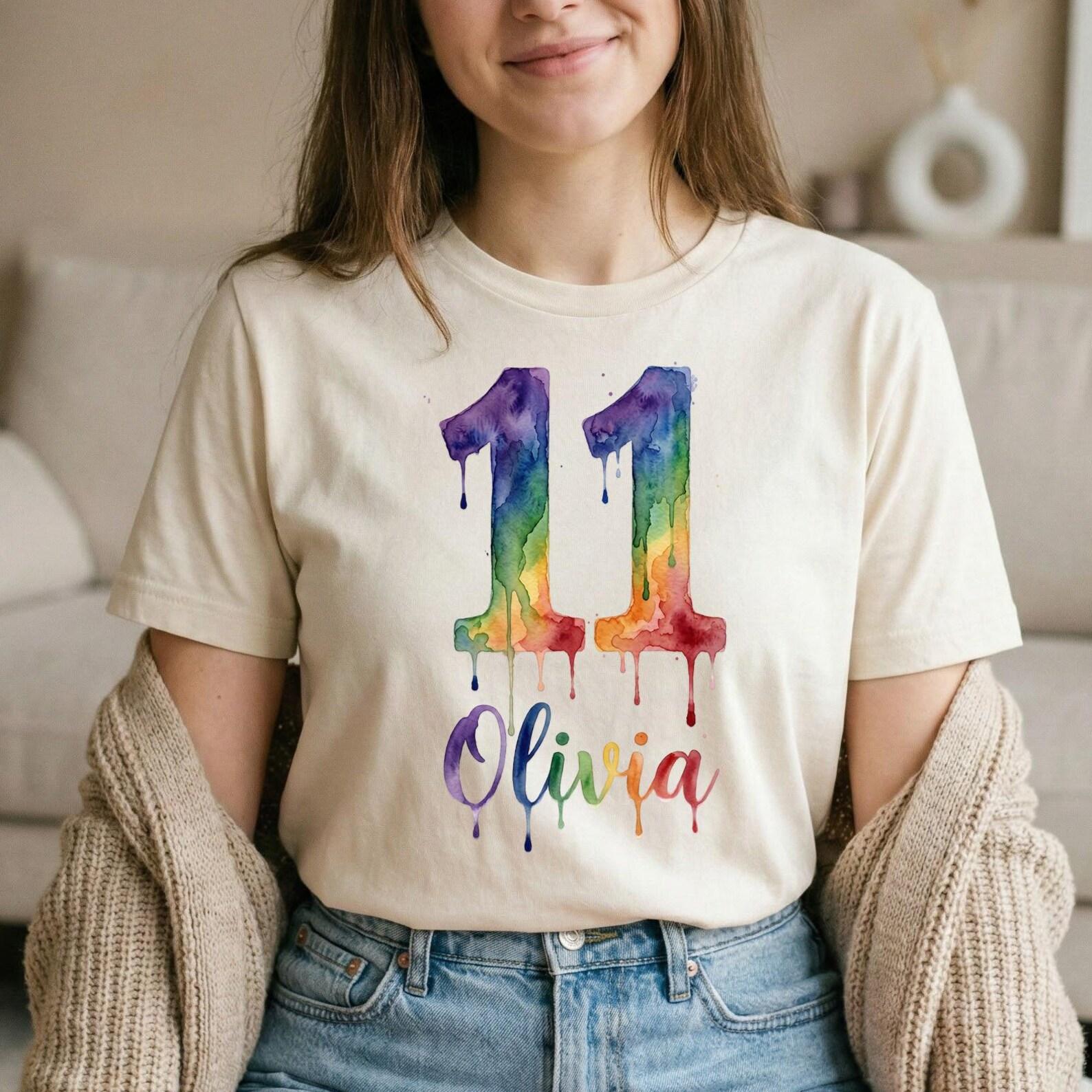 Personalized Rainbow 11th Birthday T-Shirt, Watercolor Drip 11th Birthday Tee, Colorful Teenager Birthday Shirt 110