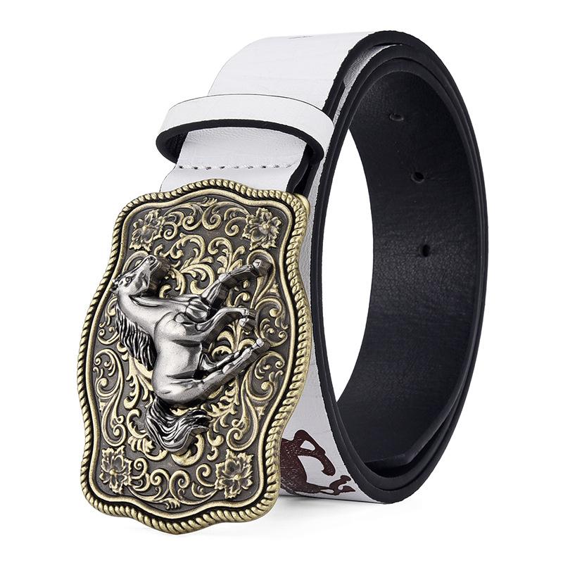 American Western Denim Vintage Carved Buckle Belt Men And Women Animal Pattern Belt Men'S Personality Ethnic Style