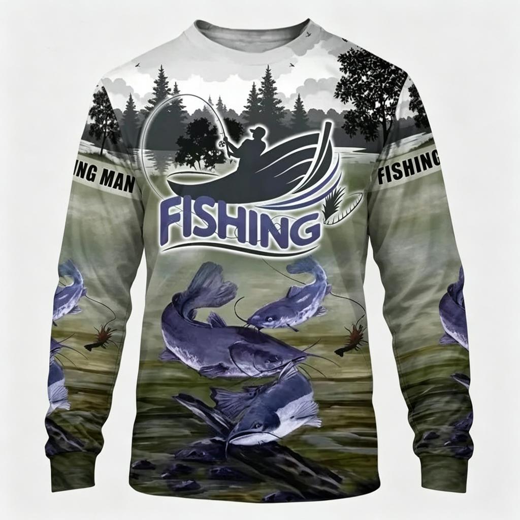 Men's Long Sleeve T-Shirt Fishing Wildlife 3D Print Crew Neck Outdoor Sports Casual Tops