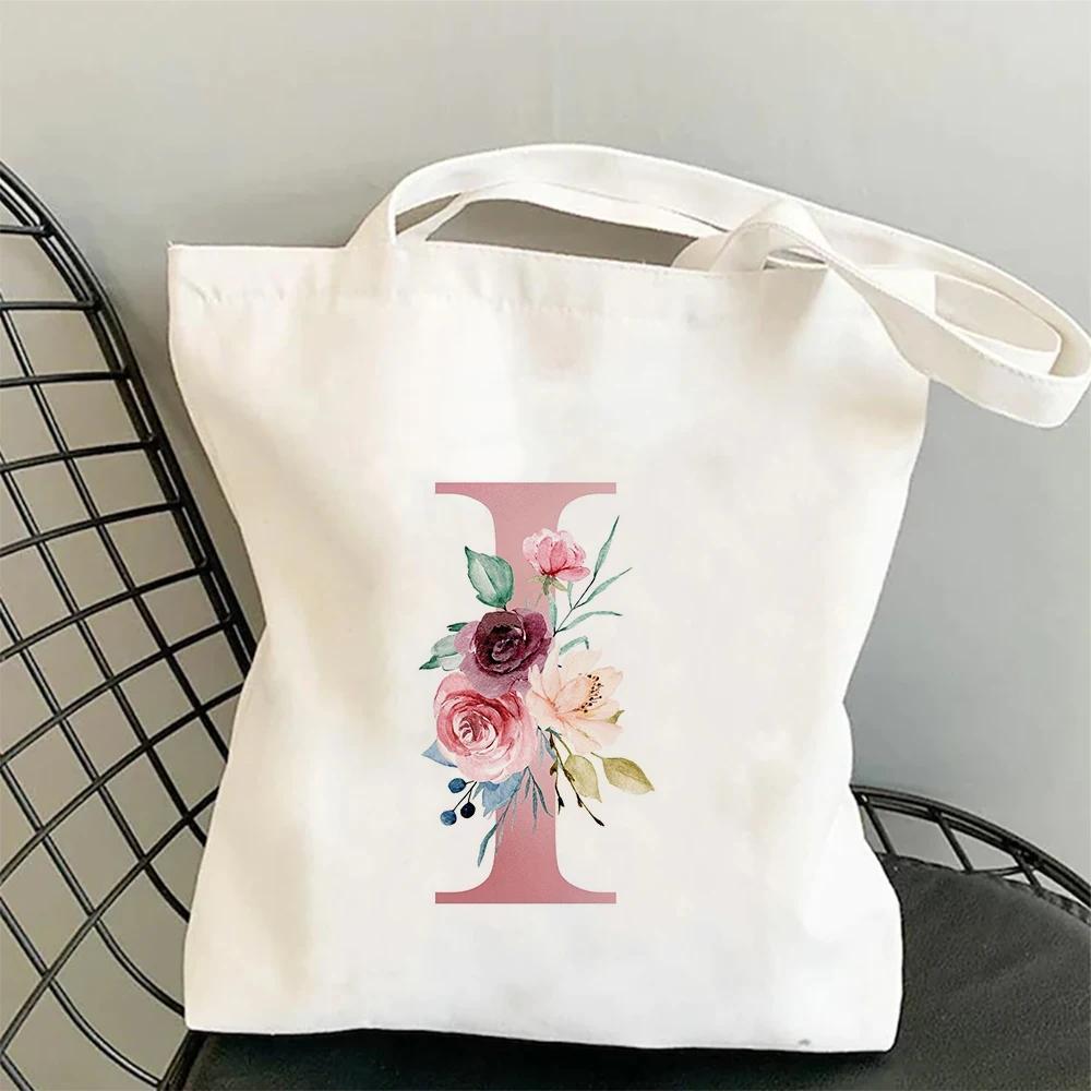 Blumen Alphabet A-Z Damen Einkaufs-Tragetaschen Canvas Große Kapazität Studenten Toilettenartikel Organizer Lässige Tragetasche Buchstaben-Taschen Geschenk