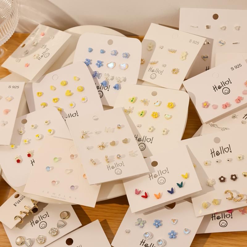 1Set Simple And Compact Silver Needle Earring Set Love Geometric Earring Combination Cute Sweet And Versatile Earrings