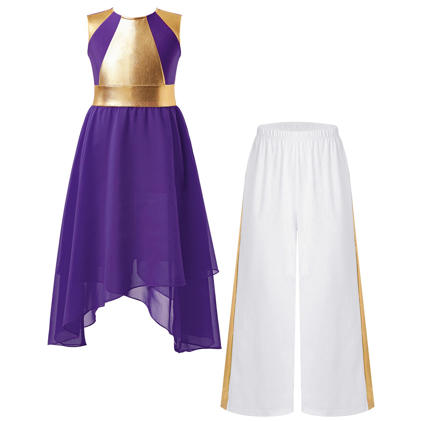 

Girls Sleeveless Color Block Metallic Patchwork Dress Wide Leg Pants Praise Worship Dance Costume Set 5-6 Years фіолетовий
