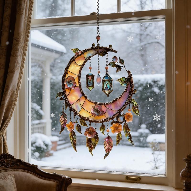 Stained Glass Window Hanging,Crescents Moon Suncatchers with Florals for Door Home Decors Moon Suncatchers Birthday Gift