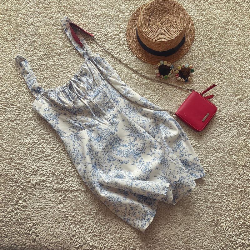 

Fashion Style Small Short Back Drawstring Waist-Tight Blue and White Porcelain Printing Slip Dress Short model S