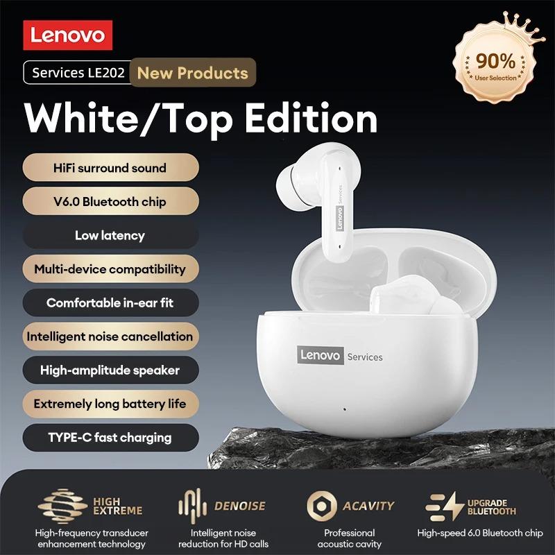 Original Lenovo LE202 Wireless Bluetooth 6.0 Earphones AI Call Noise Cancellation Sound Quality Headphone Long Battery Life Earbuds