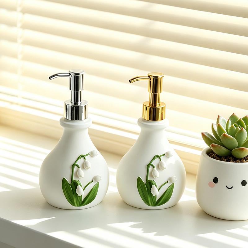 Modern White Ceramic Soap Dispenser Bottle Embossed Lily of the Valley for Bathroom Kitchen Sink Decor Housewarming Gift