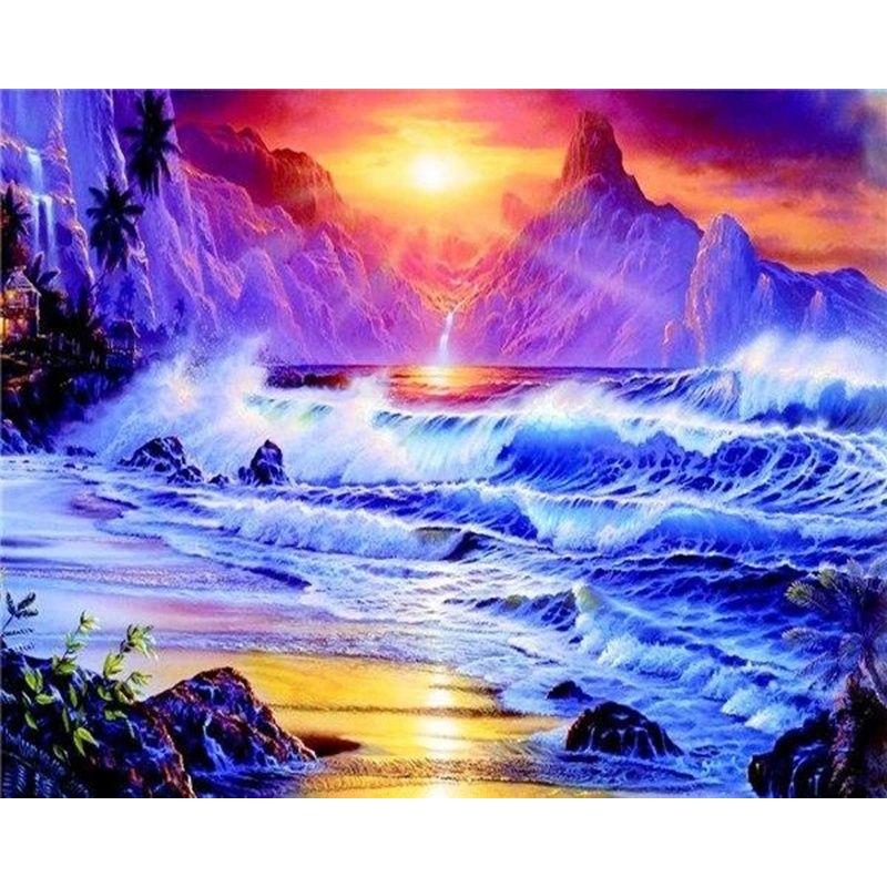 5D Diamond Painting Landscape Sunset Sea Cross Stitch Full Round Diamond Mosaic Home Decoration DIY Handmade