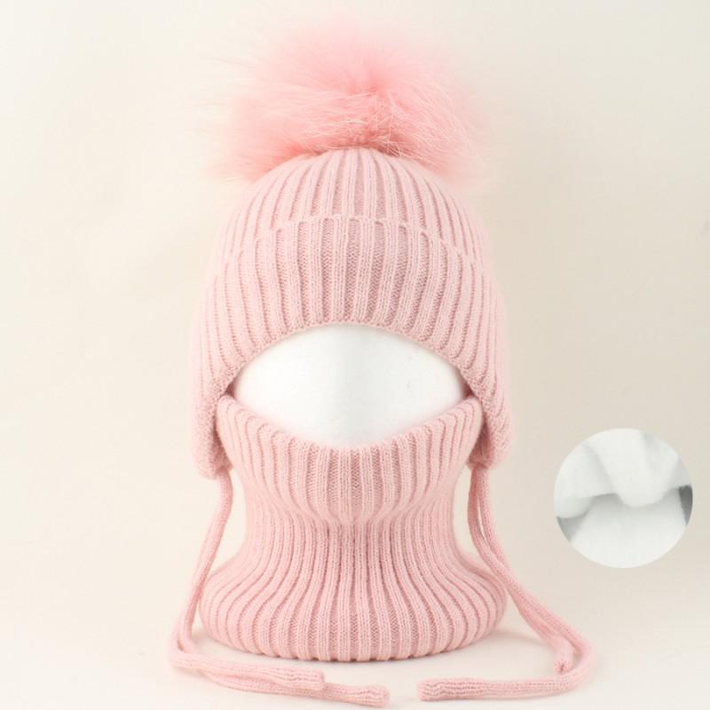 Kids Warm Knitted Hat With Faux Raccoon Fur Pom Matching Scarf Set Winter Cap Boys Girls