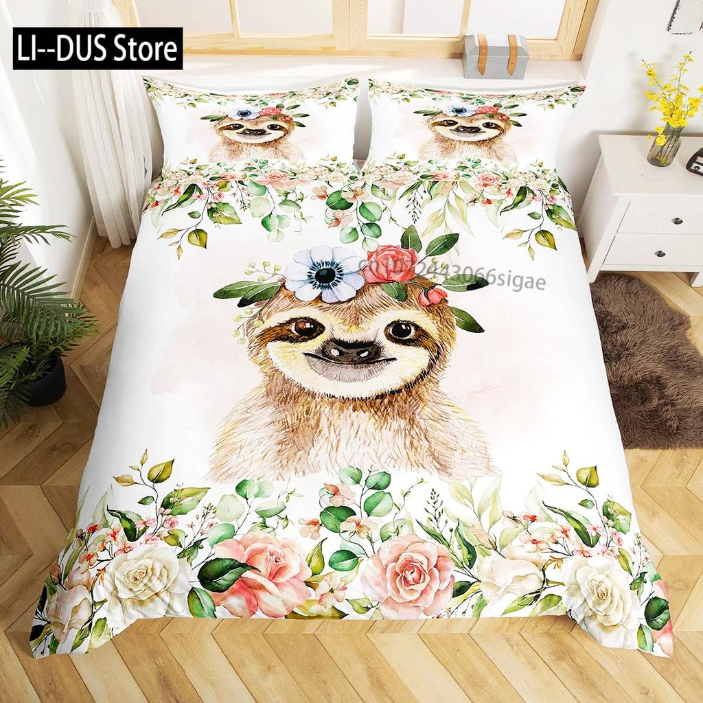 Cartoon Sloth Duvet Cover Bedding Set for Kid Girls Cute Animal Comforter Cover 1 Duvet Cover with 2 Pillowcases King Full Size