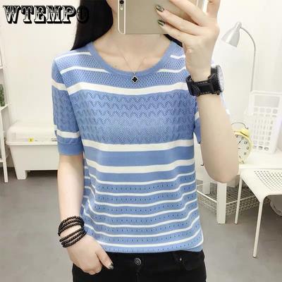 Camiseta de Manga Corta de Seda de Hielo para Mujer Verano a Rayas Holgada Talla Grande Camiseta de Fondo Calada para Mujer Top Camiseta para Mujer
