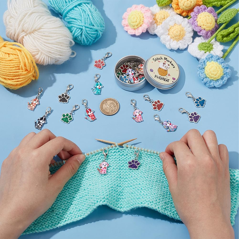 PLIGREAT 24 Pcs Cute Dog Paw Stitch Markers Crochet Markers with Lobster Claw Clasps Knitting Locking Marker for Woman Grandma DIY Gifts Making