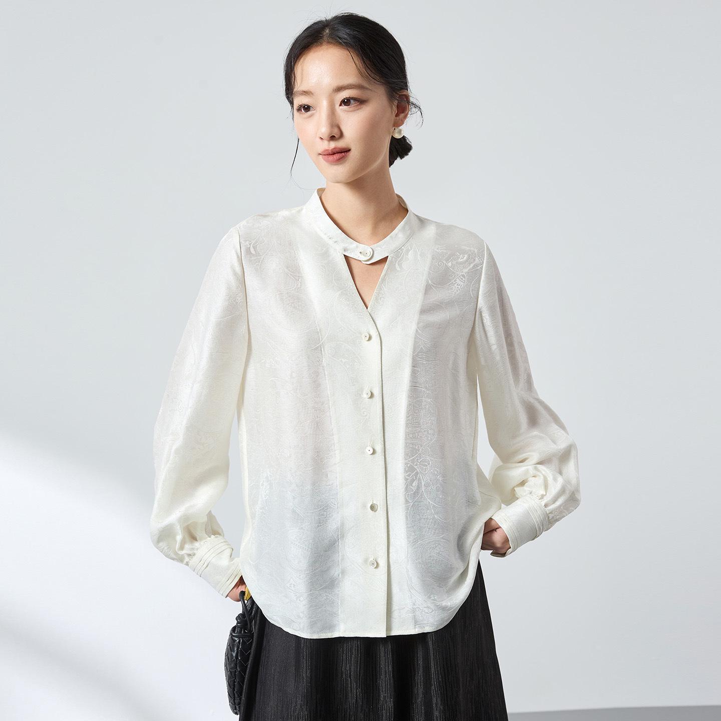 2026 Spring Mulberry Silk Satin Stand Collar Jacquard Shirt - Elegant Ink Wash Style 2XL белый