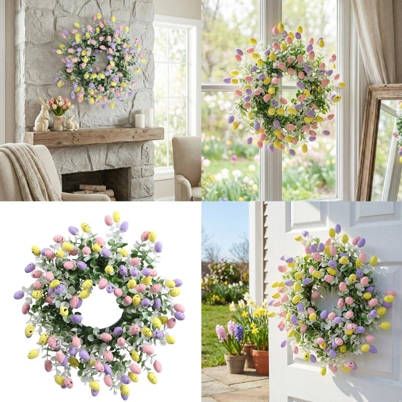 Easter Wreath Artificial Flower Wreath with Easter Eggs Holiday Decoration for Front Door Window Festival Celebration