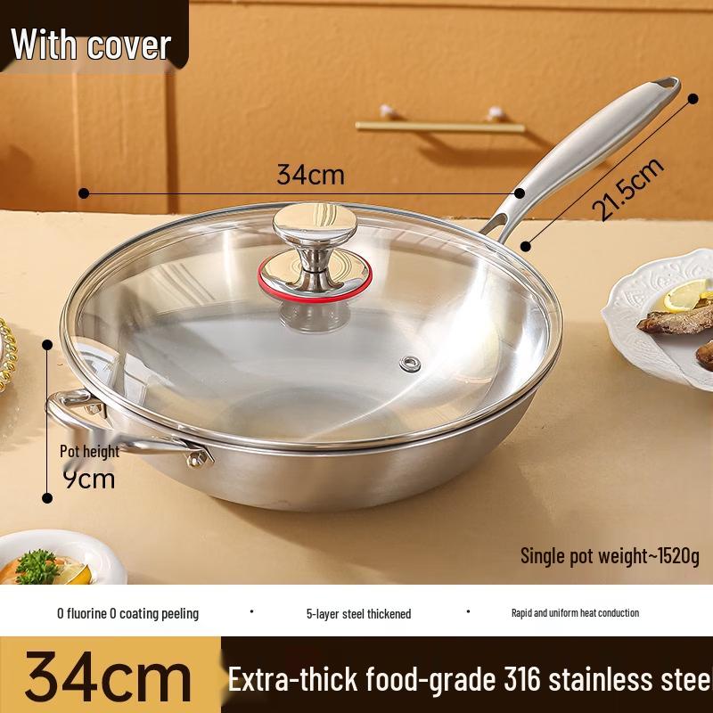 WUHE Uncoated 316 Stainless Steel Stir-Fry Wok