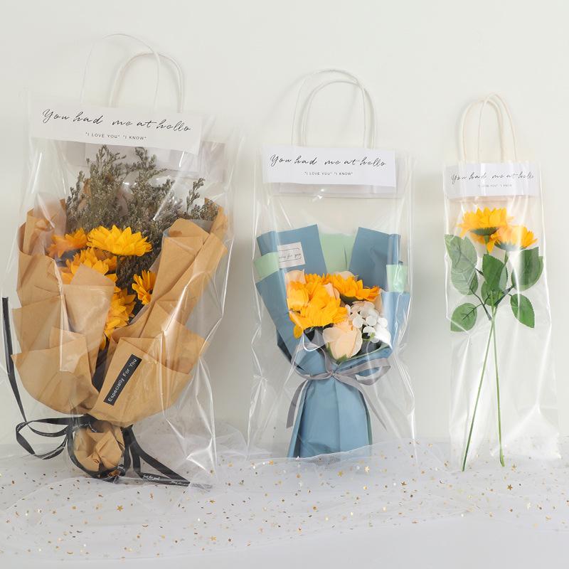 100PCS Flower Packing Box Transparent PVC Flower Bouquet Bag Florist Decoration Long Tote Party Gifts Wrapping Handbag
